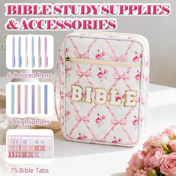 Bible Cover Case for Women, Large Chenille Letter Bible Bag with Handle, Carrying Bag with Tabs 6 Colored Pens 6 Highlighters, Back to School Study Supplies Christian Church Gifts, Pink Bow