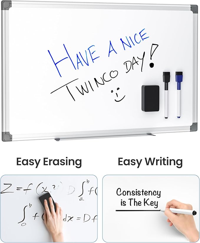 VUSIGN Magnetic White Board Kit for Wall 18" x 12", 1 Dry Eraser & 2 Multicolor Markers & 4 Magnetic Pins, Sliver Reinforced Aluminum Frame for Home, School, Office