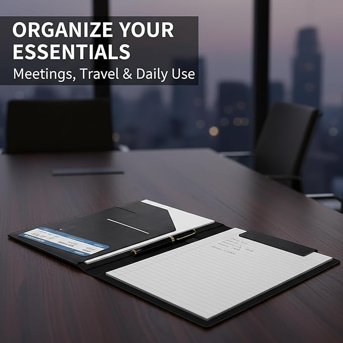Professional Leather Padfolio Magnetic Closure, Business Portfolio Folder with Card Slots, A4/Letter Document Clipboard, Pen Loop, Multi‑Pocket Organizer Business, Office, Travel (Black)