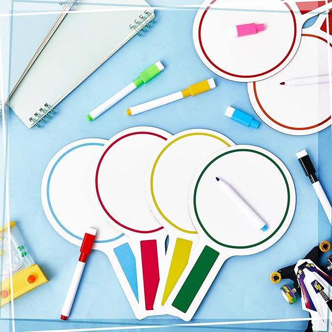 Henoyso 48 Pcs Dry Erase Answer Paddle with Markers Handheld Double Sided Paddles Colorful Flip Answer Dry Erase Paddles White Boards for Students Kids Score Boards Teacher(Round)