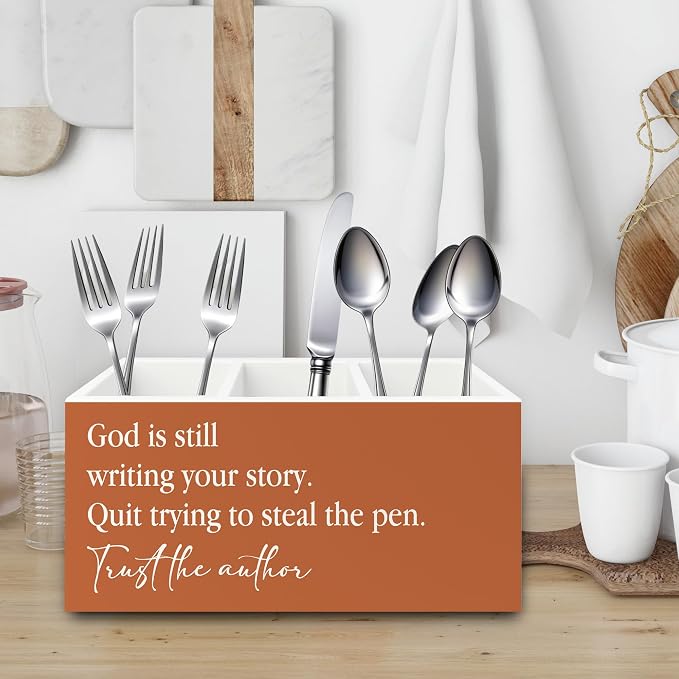 Inspirational Christian Pen Pencil Holder Organizer for Desk, God Is Still Writing Your Story Bible Verse Religious Terracotta Wooden Box Sign for Office Home Desk Tabletop Decorations