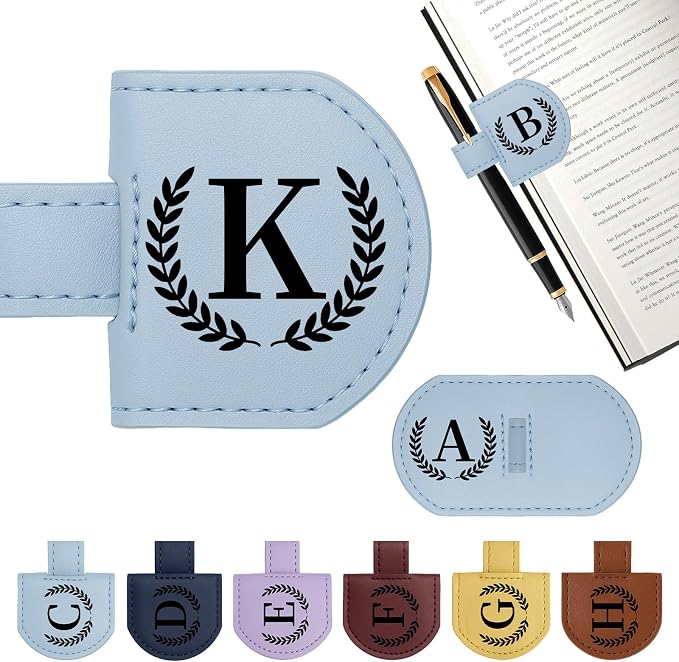 Personalized Magnetic Bookmark Pen Holder, Leather Book Marks for Reading Women& Men, Engraving 26 Letters Name Initial Bookmarks with Pencil Pen Holder, Gift for Book Lovers, Readers (Light Blue, K)