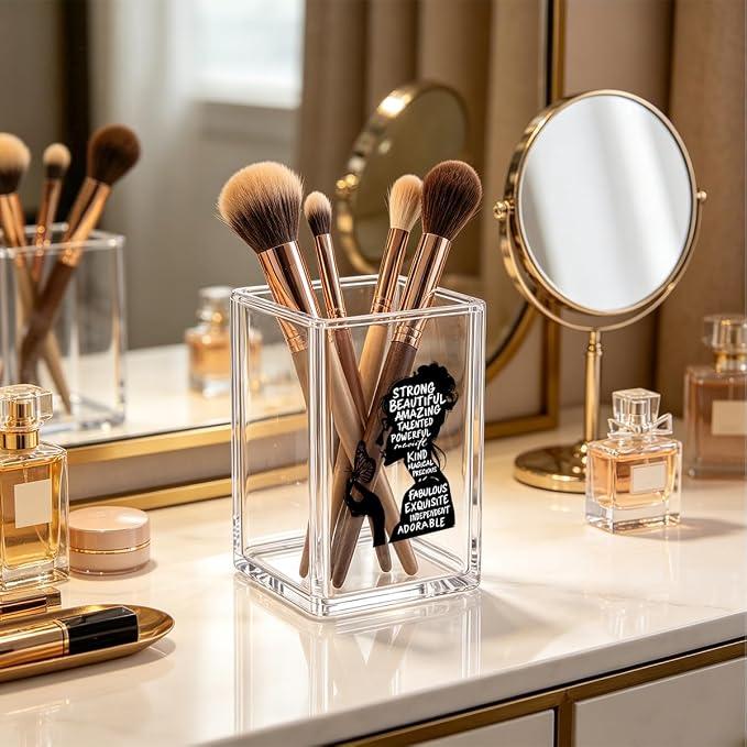 Inspirational Acrylic Pen Holder for Desk Strong Beautiful Amazing Woman Quote Clear Makeup Brush Holder Aesthetic Office Decor & Desktop Organizer, Motivational Gift for Women, Girl Boss