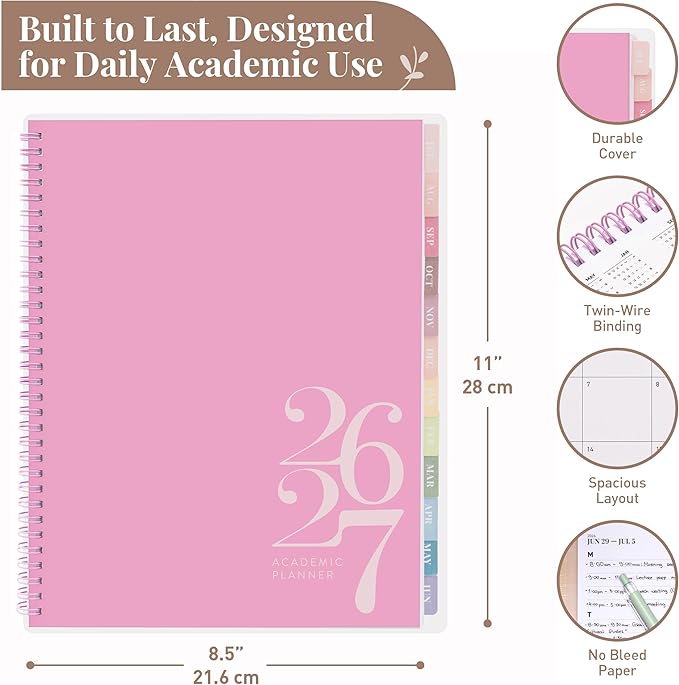 Rileys Academic Planner 2026-2027, Daily, Weekly & Monthly Planner, July 2026 - June 2027, Student Notes Pages, Twin-Wire Binding, Weekly Agenda for School & Work (8.5 x 11-Inches, Classic, Pink)