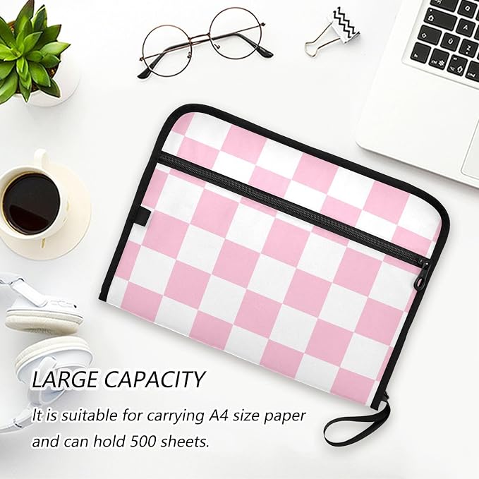 Pink Checkerboard Expanding File Folder Accordion File Organizer 13 Pockets Document Organizer with Zipper Labels Office Storage for Letter A4
