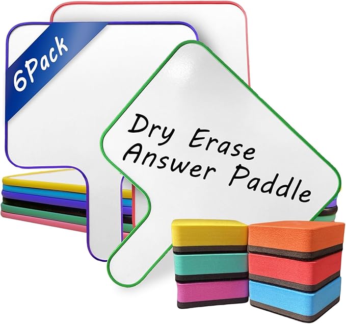 6 Pack Dry Erase Answer Paddles 10''x 8'' - Double Sided Handheld Mini Whiteboards with 6 Colorful Erasers Voting Auction Boards Small Writing Board for Office Classroom Teacher Supplies and Games