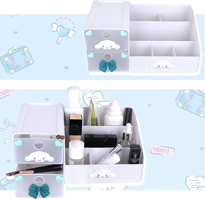 Roffatide Small Makeup Brush Organizer Holder with 2 Drawer 6 Slots, Cosmetic Brushes Storage, Cute Cartoon Puppy Pen Holder for Office Supplies Container