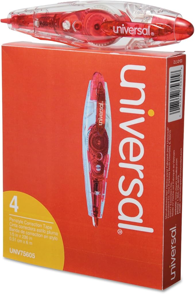 Universal 75605 Retractable Pen Style Correction Tape, 1/5-Inch x 236-Inch, 4/Pack