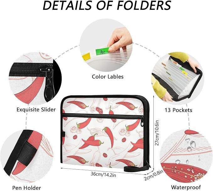 Chilli Pepper Red Sketch File Folders,Plastic Folders with 13 Pockets,Expandable File Folder for Documents School Students Office,Aesthetic Folder with Labels A4 Letter Size