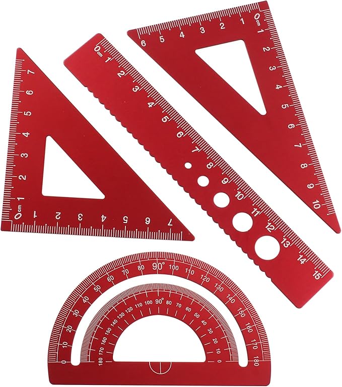 4 Pcs Triangular Ruler Set, Aluminum Alloy Geometry Tools, Metal Drafting Ruler for Students, Draftsmen, Engineers, School Office Supplies with Protractor & Metric Scales (Red)