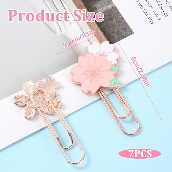 7 Pcs Cherry Blossoms Paperclip, Pretty Book Decorative Paper Clips Metal Paperclips for Bookmarks Fun Paper Clips Office Supplies Present for Bookmark Clamp Desk Stationery Accessories