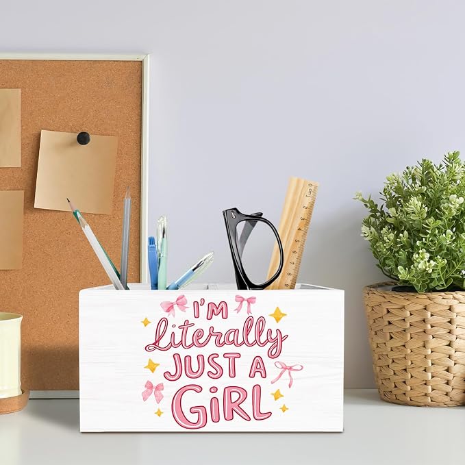 Pink Bow Girly Pen Holder for Desk, Coquette Preppy Pencil Organizer, I'm Literally Just a Girl Trendy Wooden Box Sign Desk Decor for Girls Bedroom Dorm Home Office Decoration