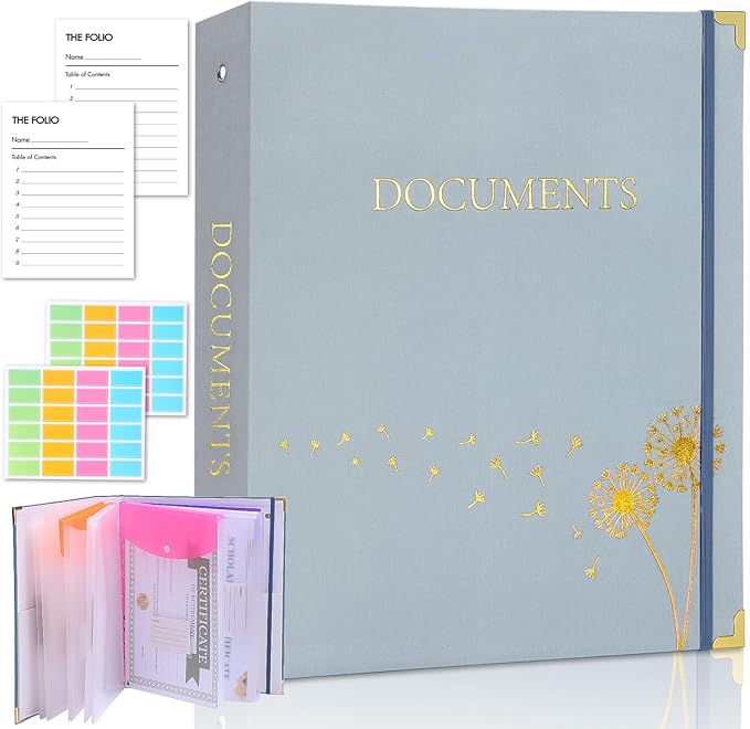 XKDOUS Important Document Organizer with 9 Pockets, Aesthetic Folio Folders 3-Ring Accordion Storage Binders Linen Expanding File Folder for A4 Papers, Documents and Files