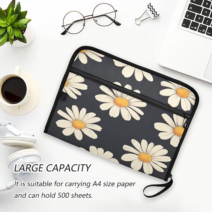 Black Daisy Corn Poppy Accordion File Organizer Expanding Document Folder with 13 Pockets Portable File Folder for A4 Letter Size