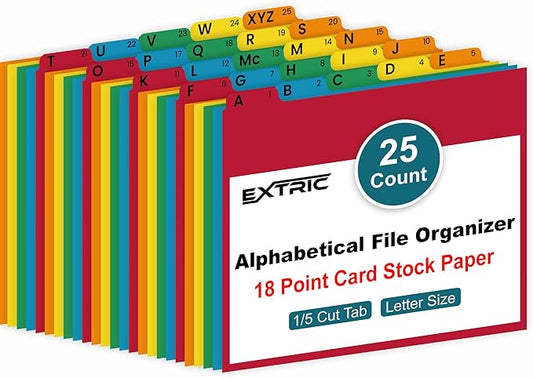 EXTRIC Alphabetical File Organizer, 25 Alphabet Dividers with Tabs for File Cabinet and Desk Organization Standard Letter Size A-Z Filing Dividers, 5 Assorted Colors with 1/5 Cut Tab Positions