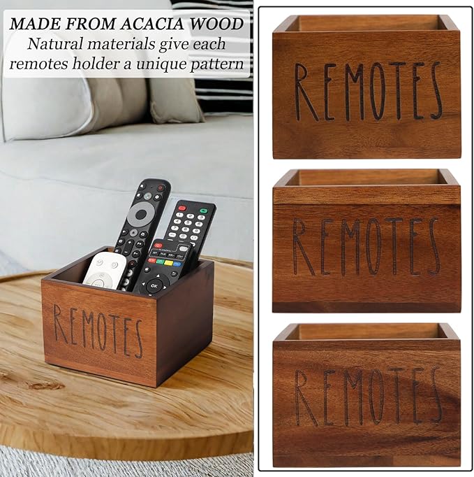 LBEMEY Acacia Wood Remote Holder, Control Organizer for TV - Home, Living Room, Bedroom - Wooden Remote Box (Brown, M, 3+ Remotes)