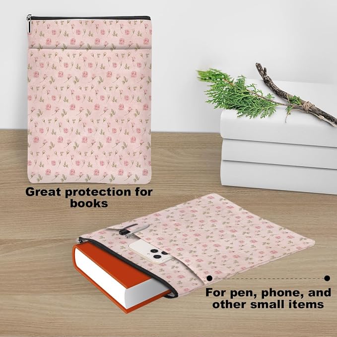 Floral Book Sleeve, Vintage Book Covers for Paperbacks, Pink Roses Flowers Book Pouch Book Protector, Book Lovers Gifts for Women Girls Mom, Book Accessories Book Club Gifts Christmas Birthday Gifts