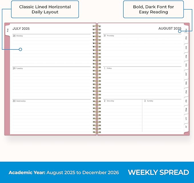 Blue Sky 17 Month Weekly and Monthly Academic Year Planner Calendar, August - December, Flexible Cover, Wirebound, Laminated Tabs, Dusty Rose (Dusty Rose- 2025/2026, 8.5" x 11")