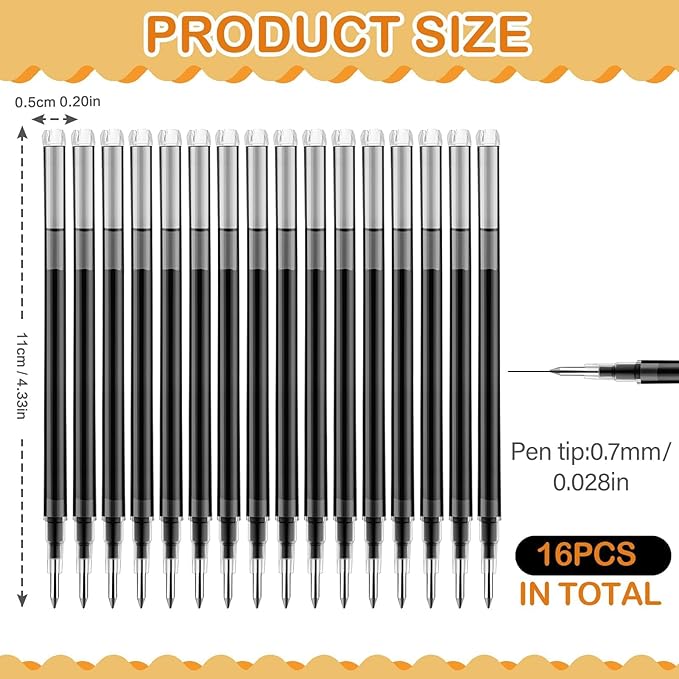 16Pcs 0.7mm Black Erasable Gel Ink Pen Refills Compatible with Frixion Friction, Replaceable Medium Fine Point Clicker Refill Stationery (16, Black)