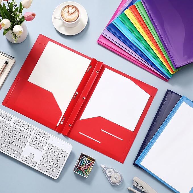 Tenceur 36 Pack Plastic Folders with 3 Prongs Bulk Heavy Duty Folders with Clear Front Pockets and Card Slots with Fasteners Fit Letter-Size Papers for Work School Office (Mix Colors)