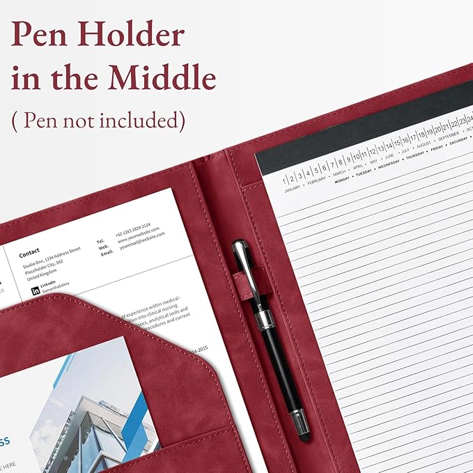 Mymazn Padfolio Portfolio Binder, Faux Leather Interview Resume Folder with Document Organizer & Business Card Holder, Letter-Sized Notepad Legal Pad Holder for Women Men (Red)