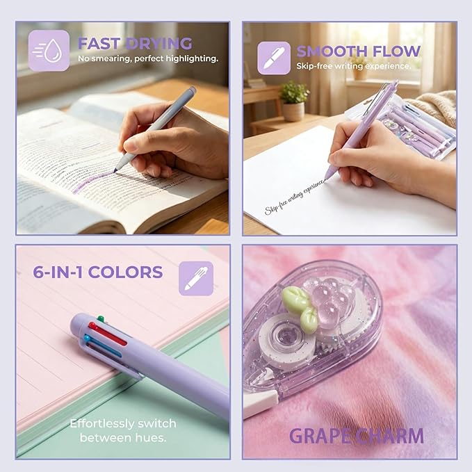 10 Pcs Cute Purple Kawaii Stationery Set - Cartoon Themed School Supplies Pack, Including Notebooks,Highlighters, Correction Tape, Ballpoint Pen. Suitable for Daily Study, Birthday and Party Favors.