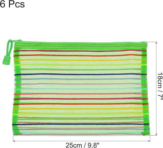 MECCANIXITY Mesh Zipper Pouches, A5 Colorful Pencil Case Document File Bags Storage Organizer for Office Supply Travel Accessory, Green Pack of 6