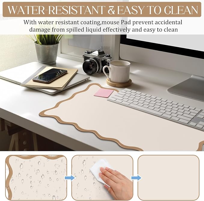 Hahafelt Scalloped Desk Mat Large Desk Pad Cute Coquette Table Mat Back to School Preppy Table Make up Pad Nonslip Graduation Gift with Stitching Waterproof Gaming(Beige,23.6 x 13.8 Inches)