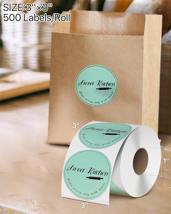 iEager 3 Inch Circle Thermal Sticker Labels, Self-Adhesive Round Direct Thermal Label, Multi-Purpose Roll Thermal Stickers, 500 Labels, Green