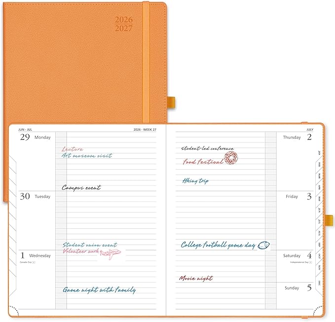 POPRUN Planner 2026-2027 (Large 8.5"x 10.5"), Horizontal Weekly Notebook Jul.2026 - Jun.2027, Academic Appointment Book with Monthly Tabs, Leather Hardcover, Inner Pocket - Orange