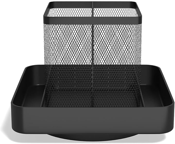 TRU RED Wire Mesh Rotating Desk Organizer, 6‑Compartment, Matte Black, 2‑Pack – 360‑Degree Desktop Storage for Office Supplies