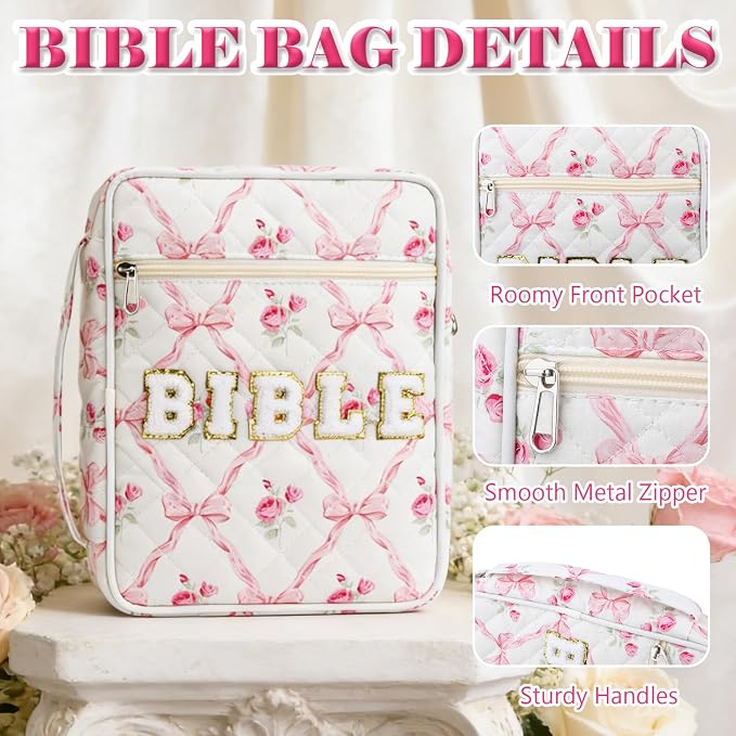 Bible Cover Case for Women, Large Chenille Letter Bible Bag with Handle, Carrying Bag with Tabs 6 Colored Pens 6 Highlighters, Back to School Study Supplies Christian Church Gifts, Pink Bow