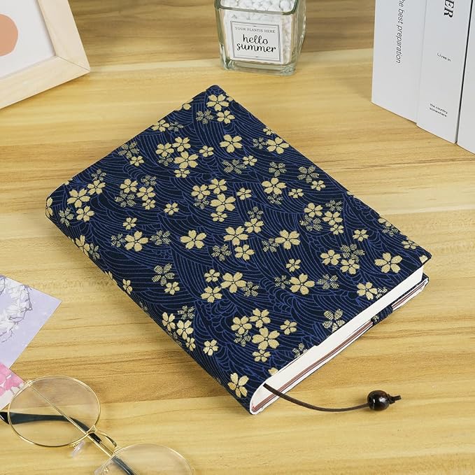 Book Cover for Paperbacks, Book Sleeve Cover for Hardcover, A5 Soft Cloth Book Protector Fit for 5.5×8.2 inch Notebook Textbooks Softcover Book Novels Bible - Navy Blue Cherry Blossom Pattern