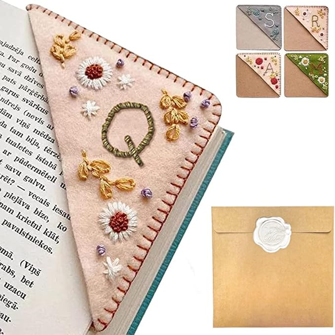 Personalized Hand Embroidered Corner Bookmark, 26 Letters Hand Stitched Felt Corner Letter Bookmark, Cute Flower Embroidery Bookmarks for Book Reading Lovers Meaningful Gift（Spring，Q