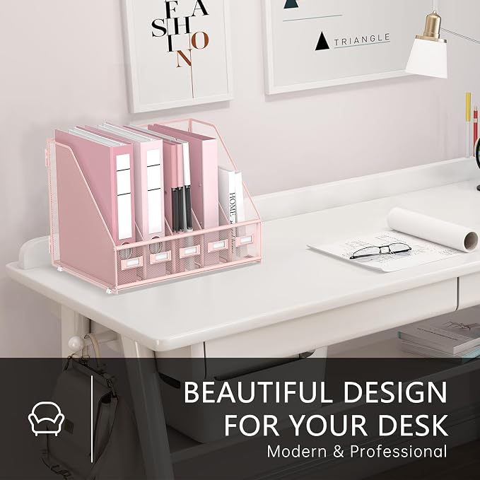 DALTACK Desk Organizers Metal Magazine File Holder with 5 Vertical Compartments Folder Storage Binder Organizer for Office Home School Organization, Pink Plus