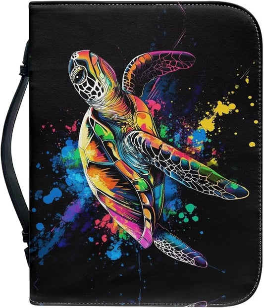 Sea Turtle Bible Cover Case for Women Men，Bible Cover with Durable Handle，Bible Study Accessories Supplies Zippered Pocket-Black-Size L