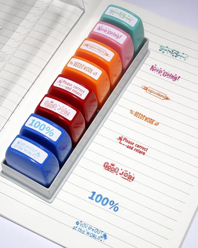 Teacher Stamps for Grading 8-Pack Self-Inking Teacher Stamp School Stamp for Homework Reward Grade Papers Motivate Students