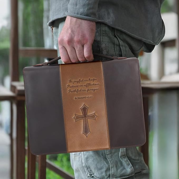Polare Full Grain Leather Bible Case Book Protective Holder Bible Cover Church Bag Christian Religious Carrying Organizer Portfolio for Men (Dark Brown & Brown, Large)