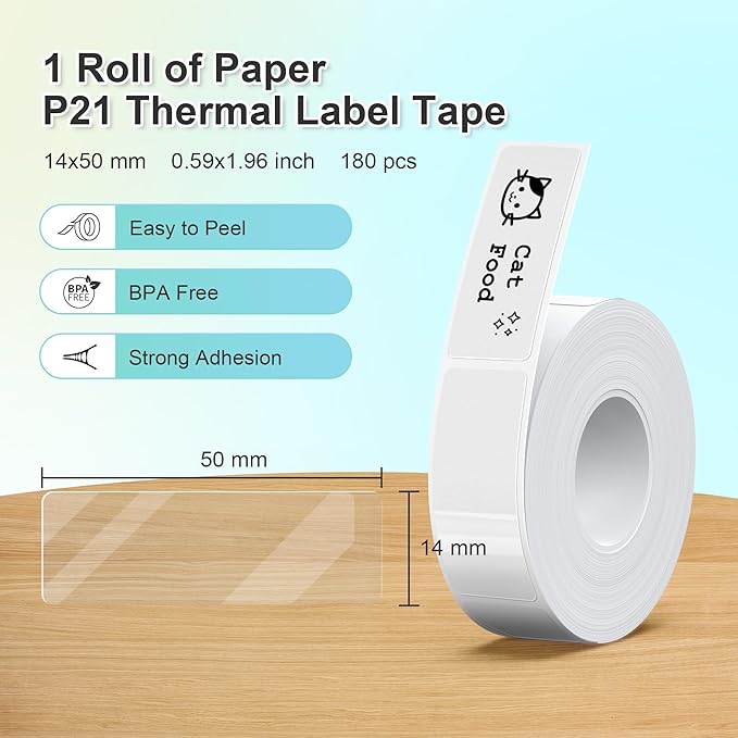 Nelko Genuine P21 Label Maker Tape, Adapted Label Print Paper, 14x50mm (0.55"x1.97"), Standard Laminated Labeling Replacement, Multipurpose of P21 Label Maker, 180 Tapes/Roll, 1 Roll, Transparent