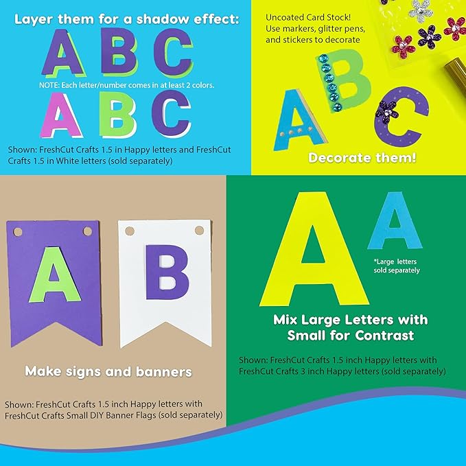FreshCut Crafts 636 Pcs 1.5 in. Happy Colors Bulletin Board Letters & Numbers, Capital Alphabet, Numbers, Punctuation, US Made Card Stock Punch Out Letters for Posters, Bulletin Boards, Classroom