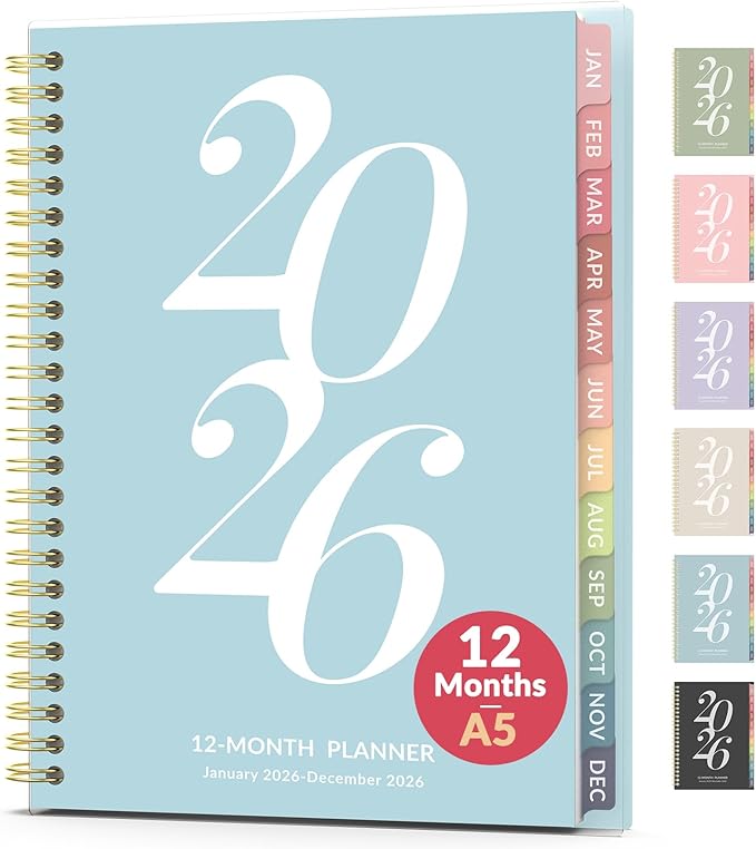 2026 Planner Weekly and Monthly, Jan - Dec 2026, 6.3" x 8.4”, Small Agenda Planner for Women, Aesthetic Calendar Planner with Spiral Bound, Month Tab, Flexible Cover for School, Office (A5, Blue)