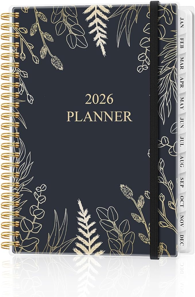2026 Planner - Weekly and Monthly Planner Calendar from January 2026 to December 2026, Planning Agenda with Tabs & Inner Pocket, Spiral Bound for School/Office Supplies, 6.4" x 8.5", White Glod Leaf