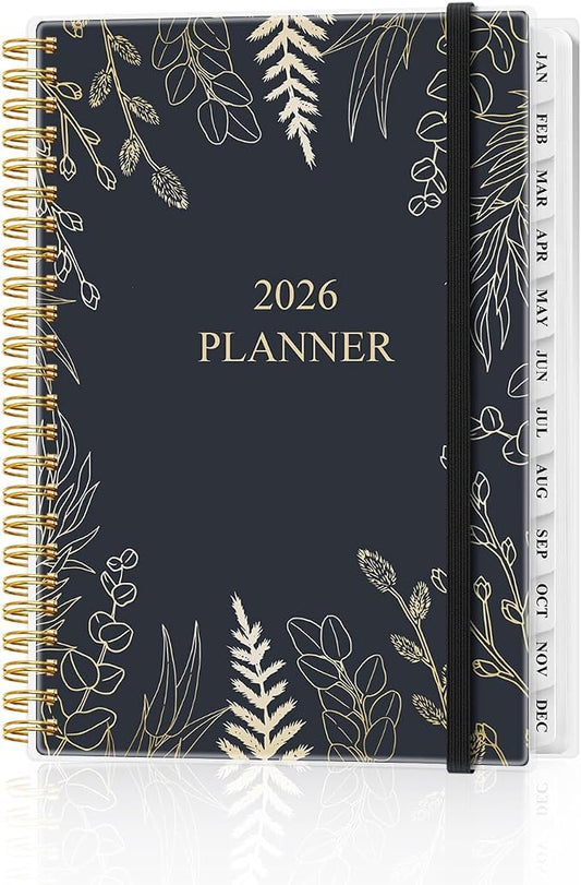 2026 Planner - Weekly and Monthly Planner Calendar from January 2026 to December 2026, Planning Agenda with Tabs & Inner Pocket, Spiral Bound for School/Office Supplies, 6.4" x 8.5", White Glod Leaf
