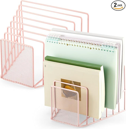 2 Pcs 7 Section Wire File Organizer for Desk, Metal Mesh Incline File Holder, Letter & Magazine Folder Rack, Desktop Paper Sorter for Home Office Back to School (Pink)
