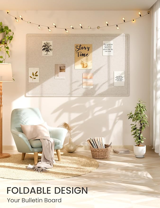 Fluxnara Bulletin Board,Cork Board Alternative with Safe Removable Adhesive Tabs, Foldable Felt Pin Board for Home Office, Classroom, Bedroom,Entryway for Walls (Oatmeal, 59 x 35.4 inches)