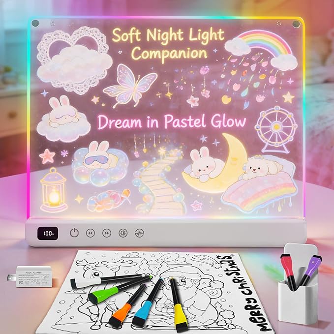 Rechargeable Led Drawing Board for Kids, Light Up Drawing Pad with 8 Color 6 Modes, Neon Glow Dry Erase Board with Built-in Stand, 7 Markers & Tracing Book, Gifts for Christmas Birthday Gifts Presents