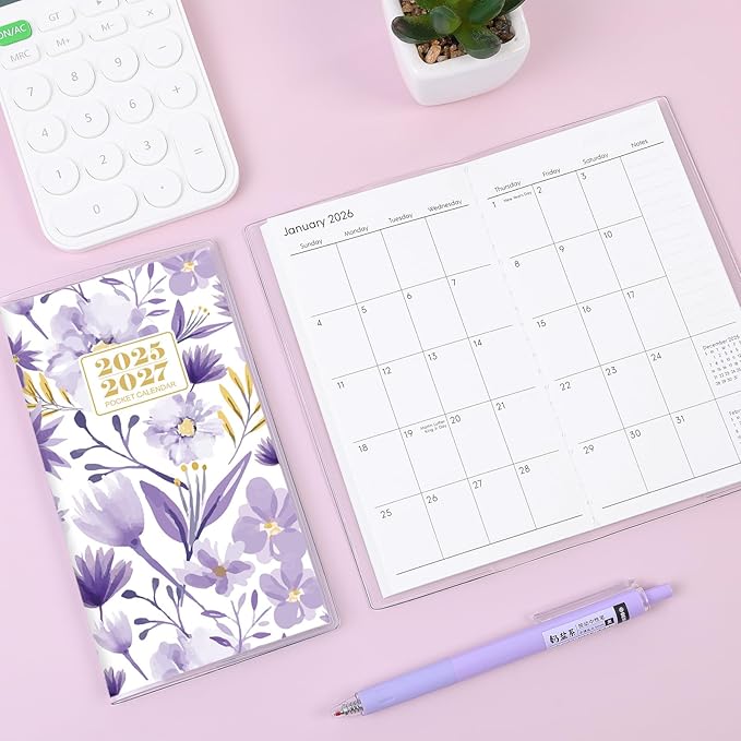 KONVINIT Pocket Calendar 2025-2027, Purple 2025-2027 Monthly Planner - 3.7" x 6.7" - Runs from July 2025 Until December 2027, Small Pocket Calendar 2026 with PVC Cover for Planning