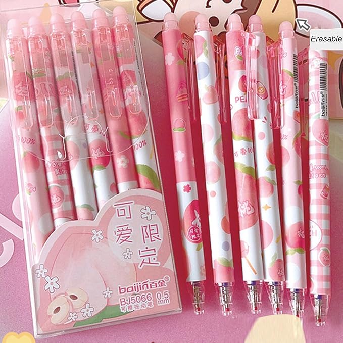 MOZXIRZ 6 Pcs Erasable Gel Ink Pens Retractable Pens Cute Pink Peach Pen Fine Point Pen Office School Supplies Women Pens (Black Ink-Peach)
