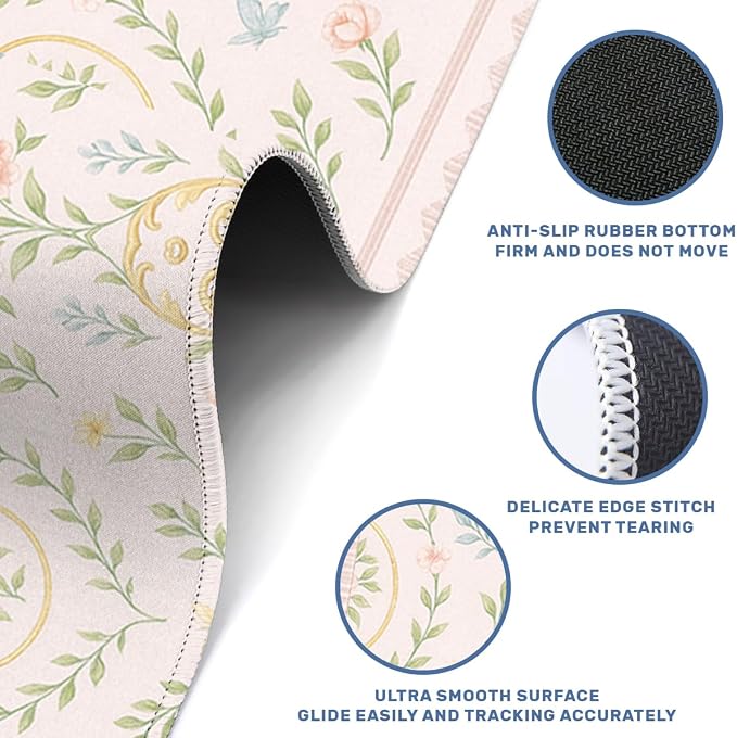 Romantic Garden Gaming Mouse Pad Large Desk Mat Soft Pink Rose Vintage Butterfly Mousepad for Keyboard and Mouse Extra Large Full Desk Computer Pads 31.5 x 11.8 Mouse Pads for Desk Home Office Gaming