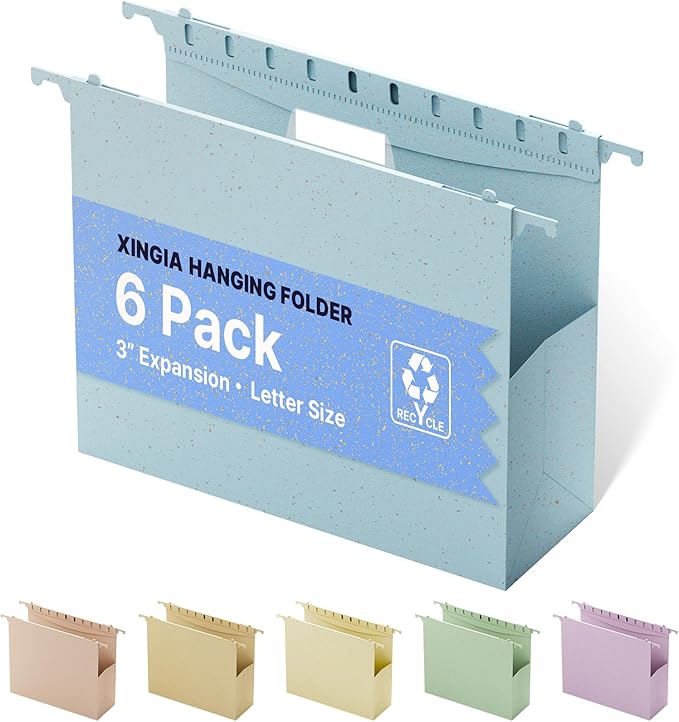 XINGIA Letter Size File Folders Hanging with Tabs,3 Inch Expansion Extra Capacity File Cabinet Folders,6 Pack Plastic Hanging File Folders for Bulky Files,Wheat Straw File Organizer for Office School